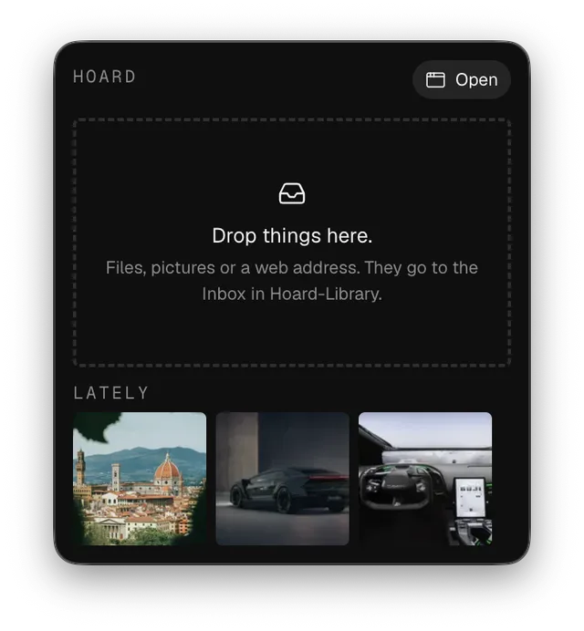 The Hoard menu bar drop window